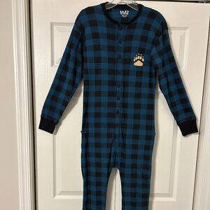 Womens LAZY ONE Sz M Blue & Black Plaid "Bear Cheeks" Trapdoor Flap Jack Pajamas
